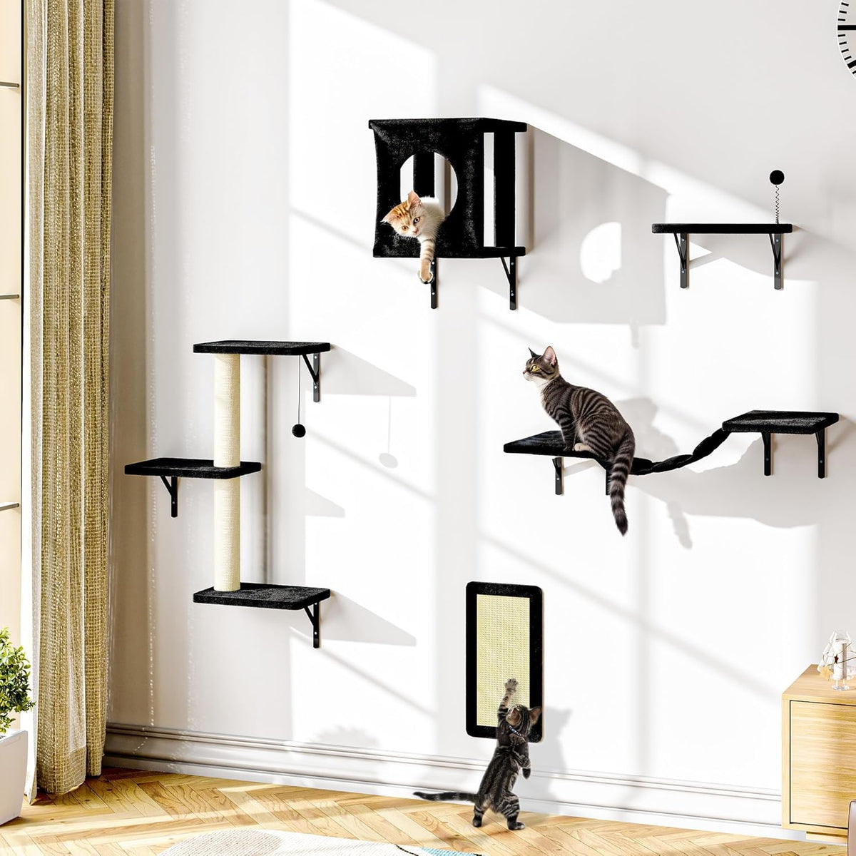 NUNU LAB Wall Mounted Cat Furniture, 5 Pcs Cat Wall Shelves with House, Bridge, Steps, Scratching