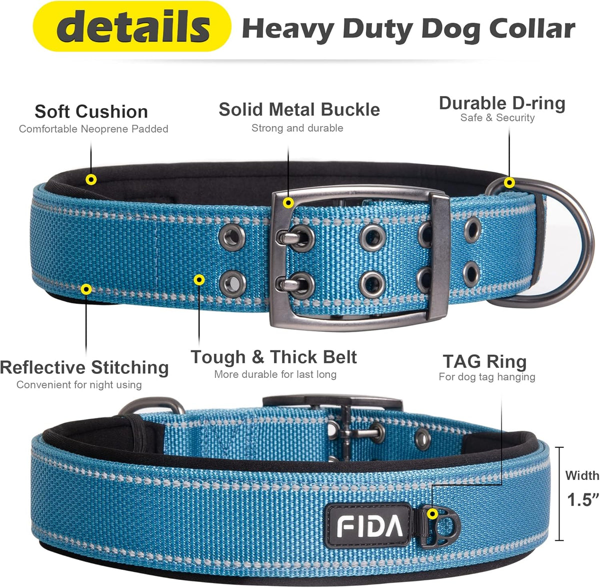 Fida Heavy Duty Dog Collar 1.5” Width, Ultra Soft Neoprene Padded, Adjustable Reflective Nylon Pet