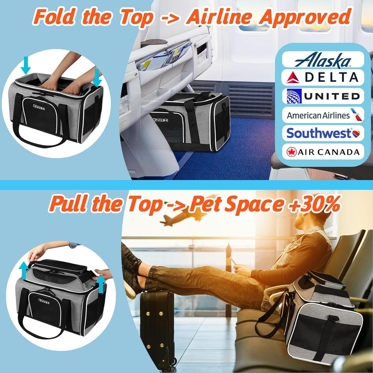 Petskd Top-Expandable Pet Carrier 17x11x9.5 Inches Alaska Airline Approved, Soft-Sided Carrier for