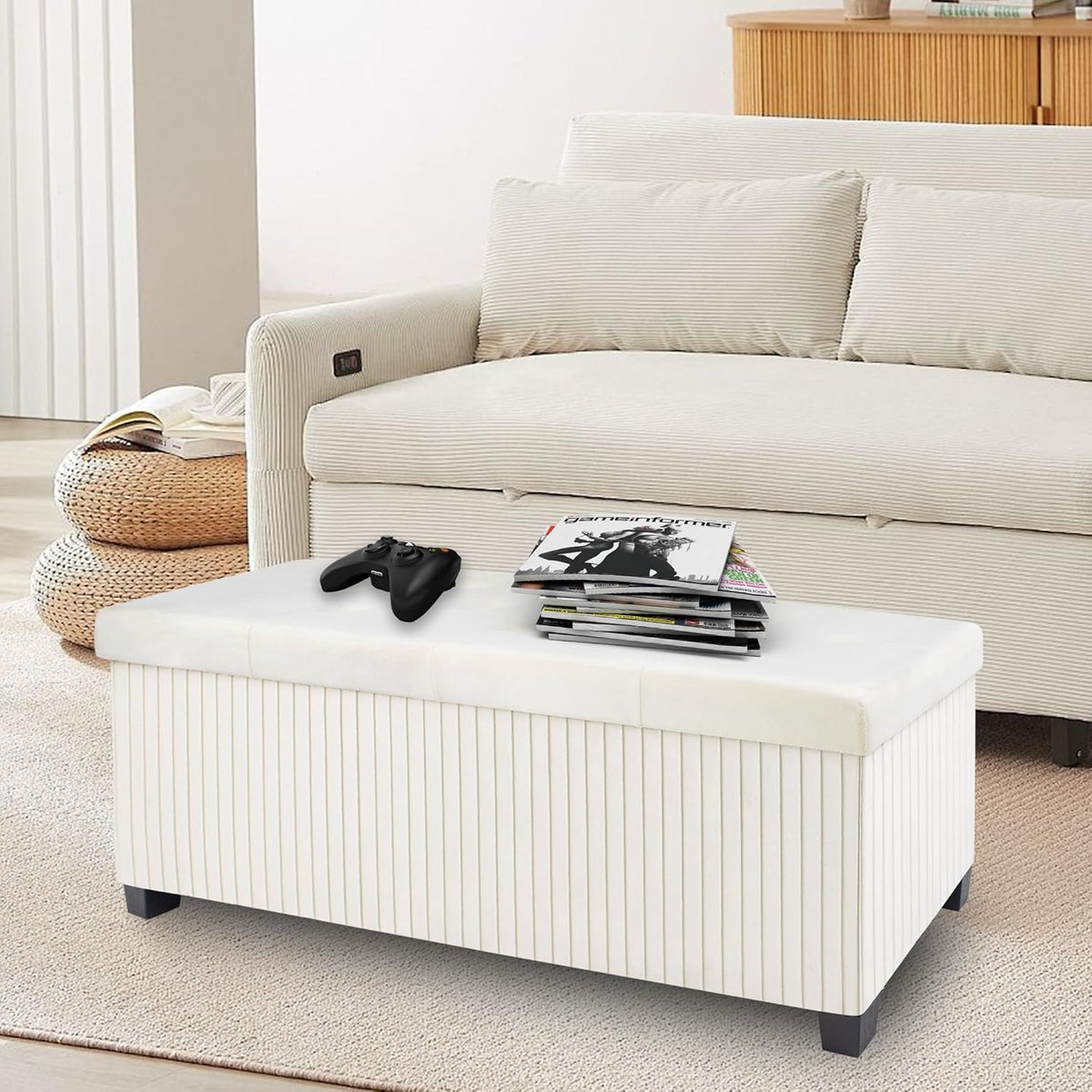 Storage Ottoman Bench, 43 Inch Foldable Ottoman with Legs, Velvet Foot Rest Stool, End of Bed