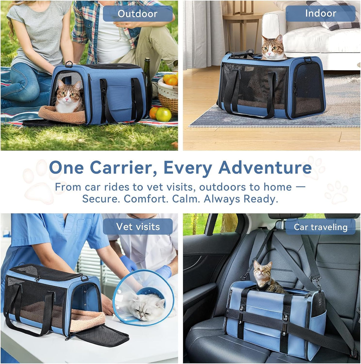 PETSFIT Soft-Sided Cat Carriers & Car Seats with Patent Safe Buckles, Clip-On Harness，18"x11"x11"