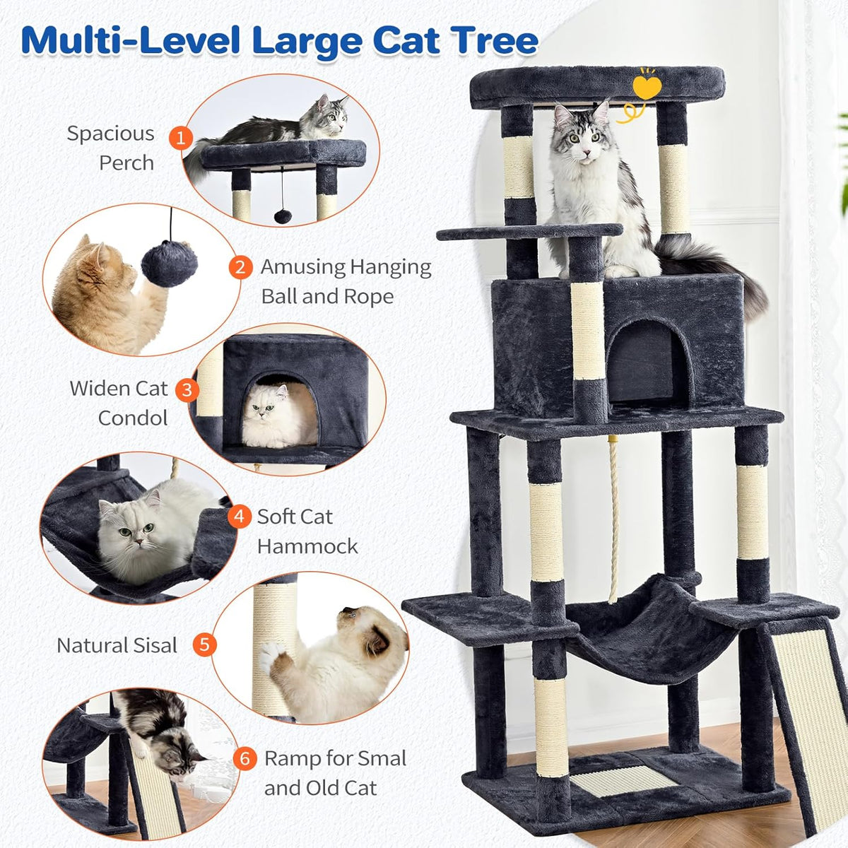 Cat Tree Tower 63in Multi-Level Cat Tower for Indoor Cats with Sisal Scratching Posts, Condo