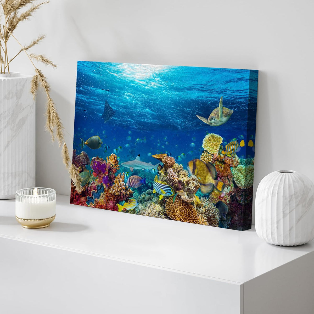 wall26 Canvas Print Wall Art Vibrant Sunshine Ray Coral Reef Turtle Fish Nature Animals Photography