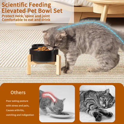 Elevated Ceramic Dog Bowl Set - Raised Feeding Bowls with Non-Slip Bamboo Stand - Small Pet Dishes