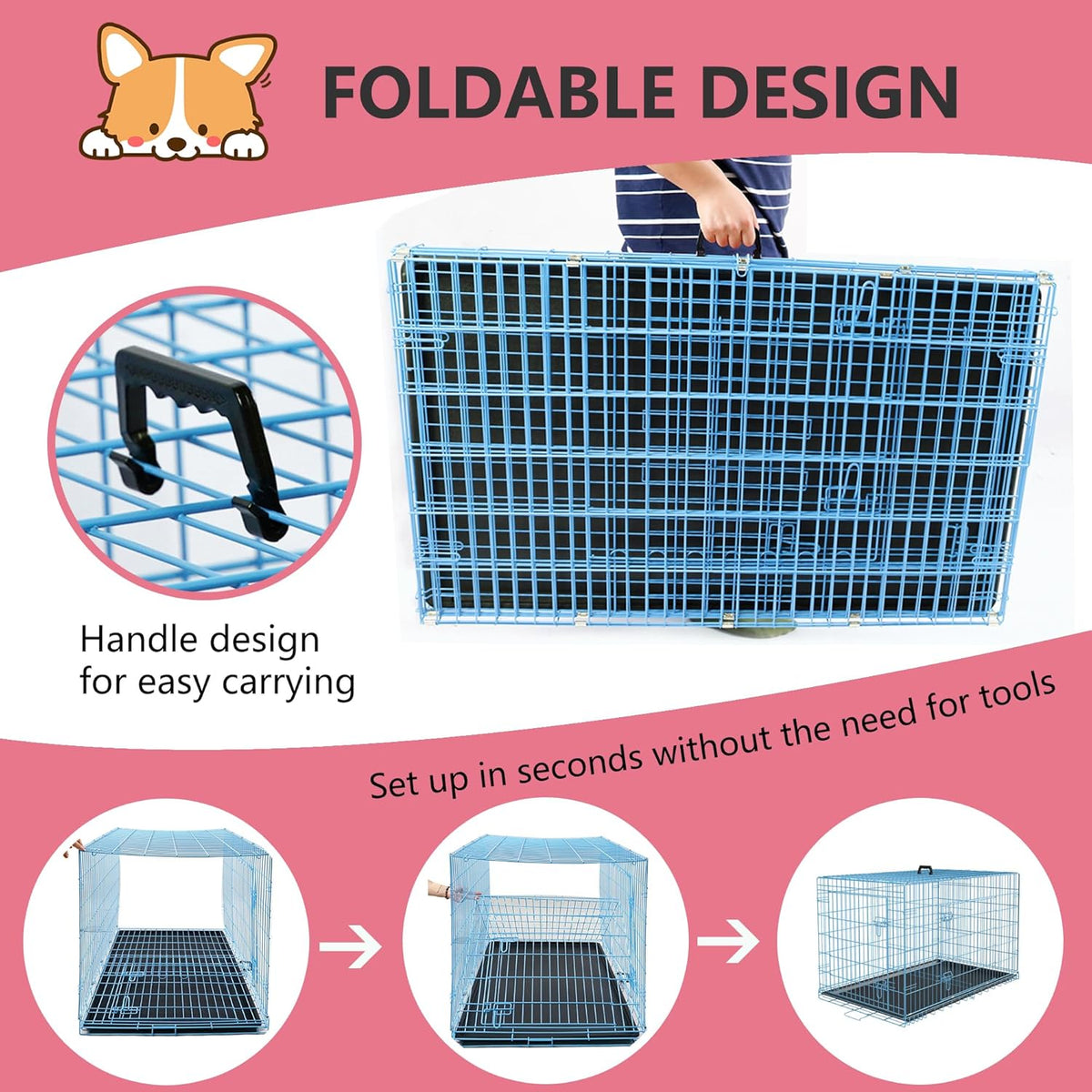 FDW Dog Crate for Large Dogs 48 Inch Folding Metal WirePet Cage Double Door W/Divider Panel Indoor