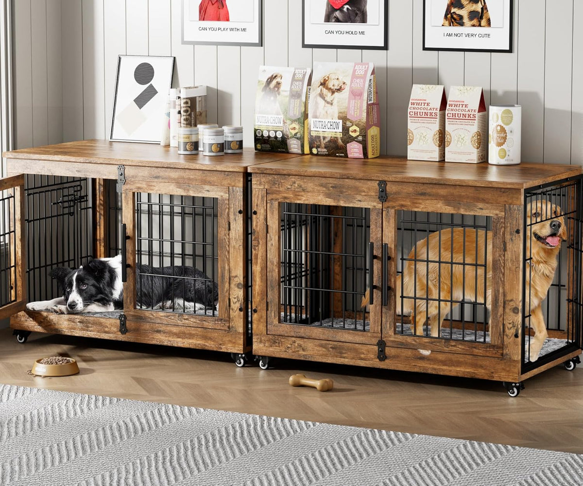 Lulive Dog Crate Furniture Set of 2, Dog Kennel Indoor Double Doors Wooden Dog Cage, 38'' Heavy