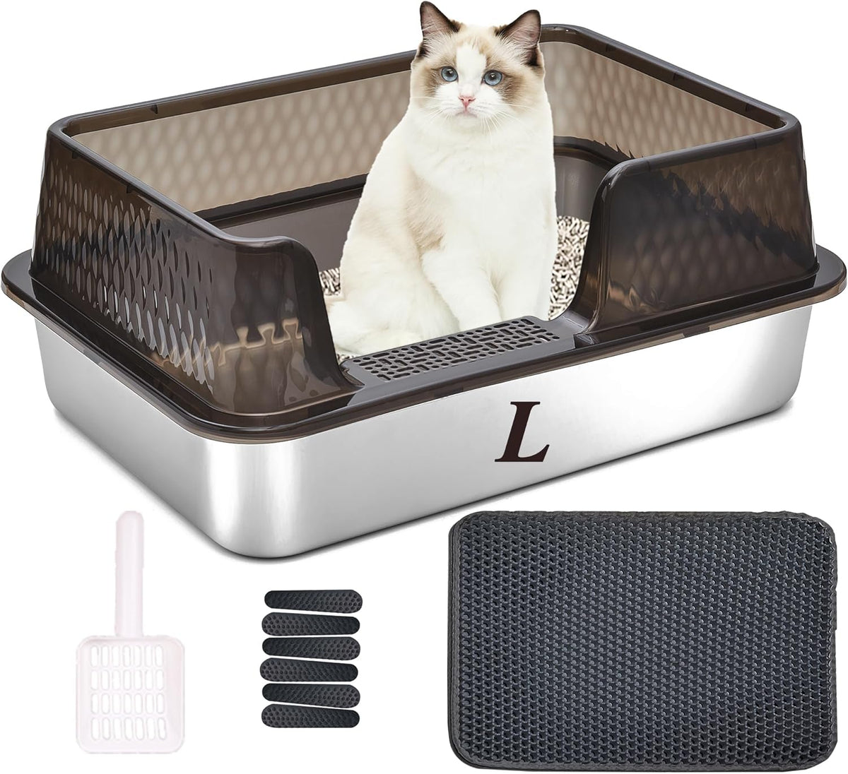 Suhaco Stainless Steel Litter Box Side Entry, Kitty Black Litter Mat and White Scoop Included