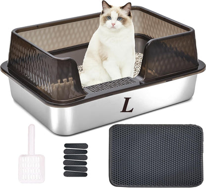 Suhaco Stainless Steel Litter Box Side Entry, Kitty Black Litter Mat and White Scoop Included