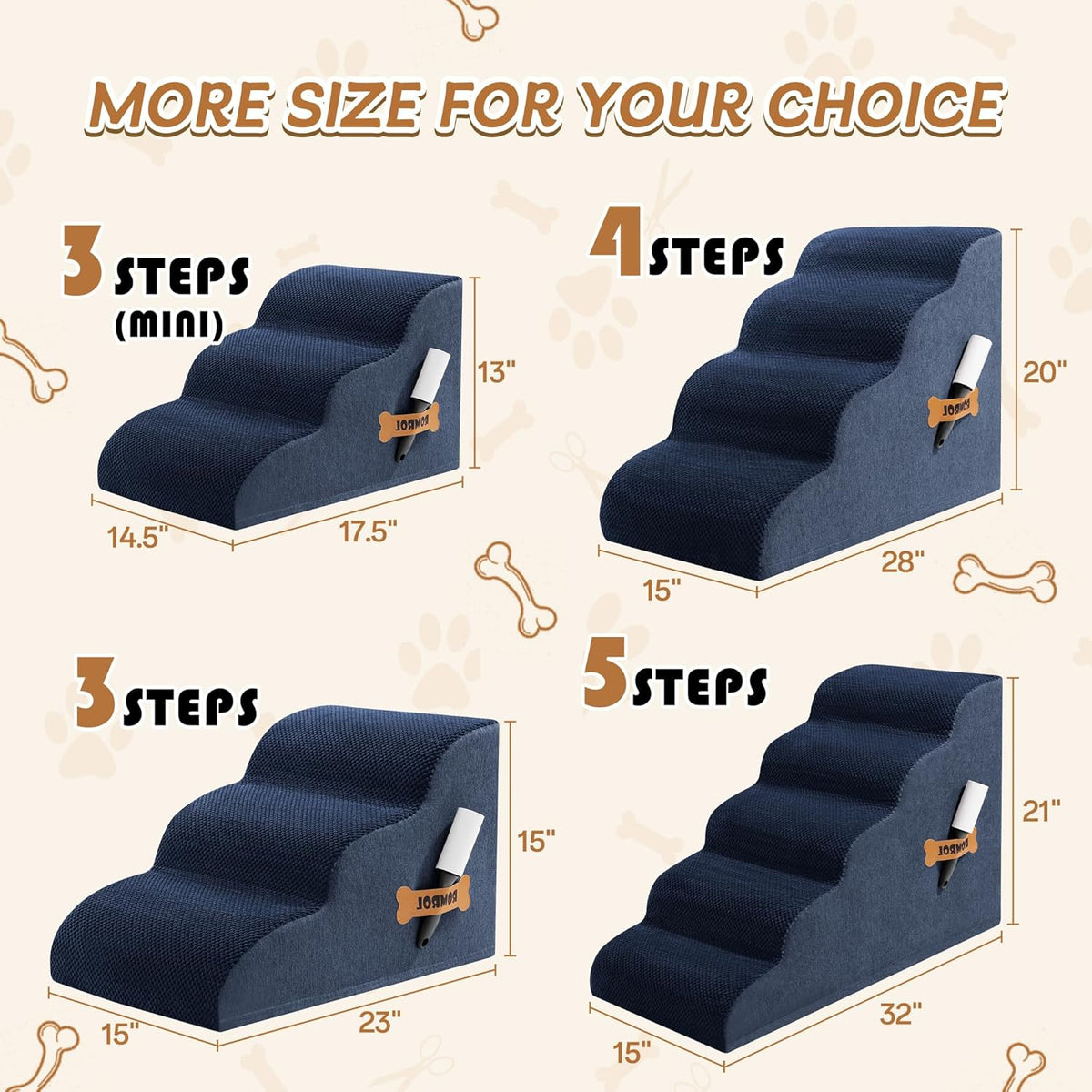 Romrol Dog Stairs Ramp for High Beds Couches, High Density Foam Pet Steps with Durable Non-Slip