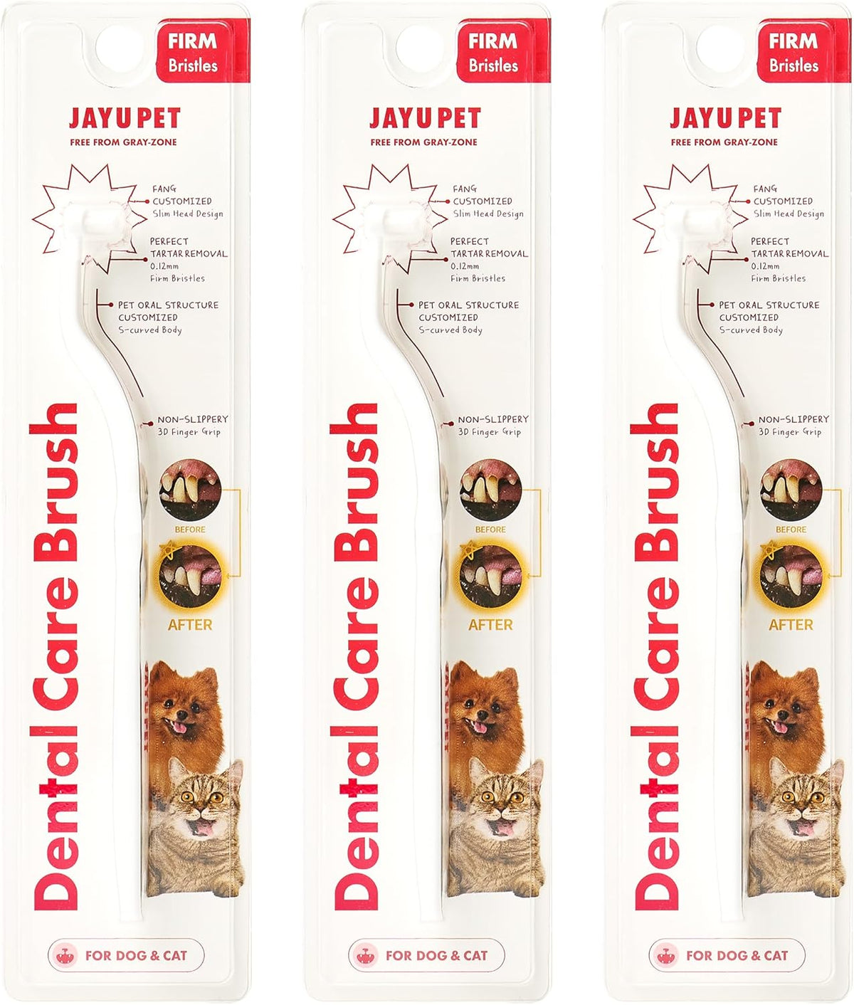 JAYU PET Dental Care Brush (Firm Bristles) 3ea - Resilient Dog Toothbrush, Cat Toothbrush for