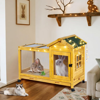 Wooden Rabbit Hutch with Waterproof Roof,Outdoor/Indoor Bunny Cage with Removable Slide-Out Bottom