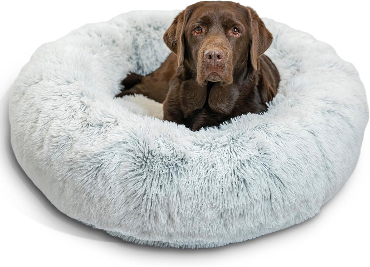 Best Friends by Sheri Original Calming Donut Dog and Cat Bed, Shag Faux Fur, Frost Gray, (36in x