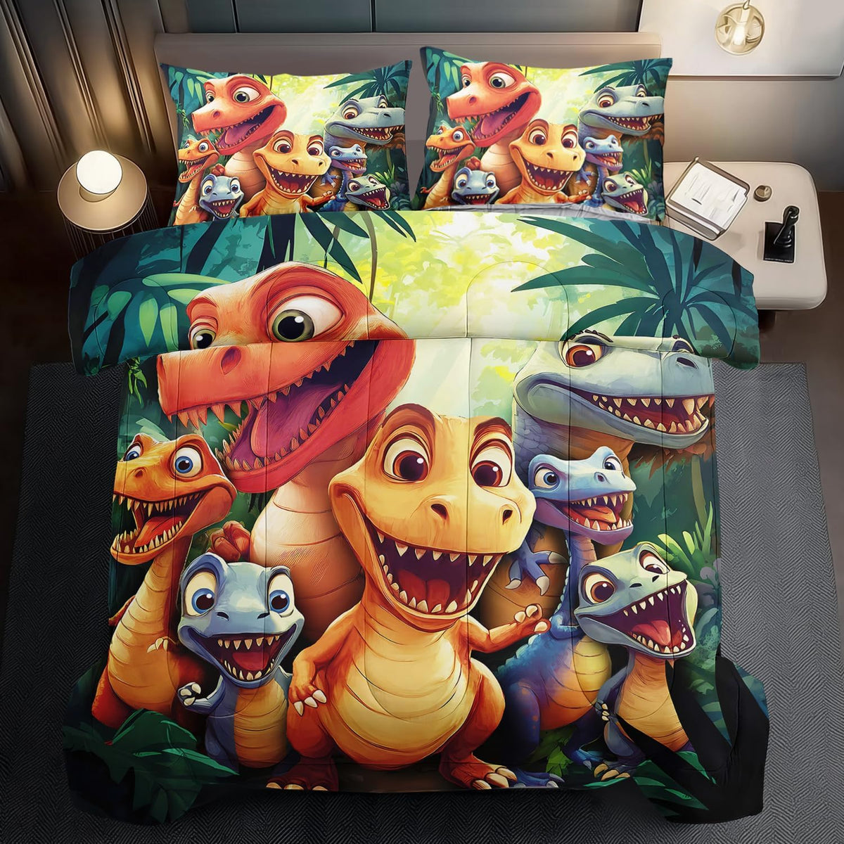 Dinosaur Comforter Set Queen Boys,Cartoon 3D Dinosaur Bedding Set Queen Bed Kids,3D Dragon