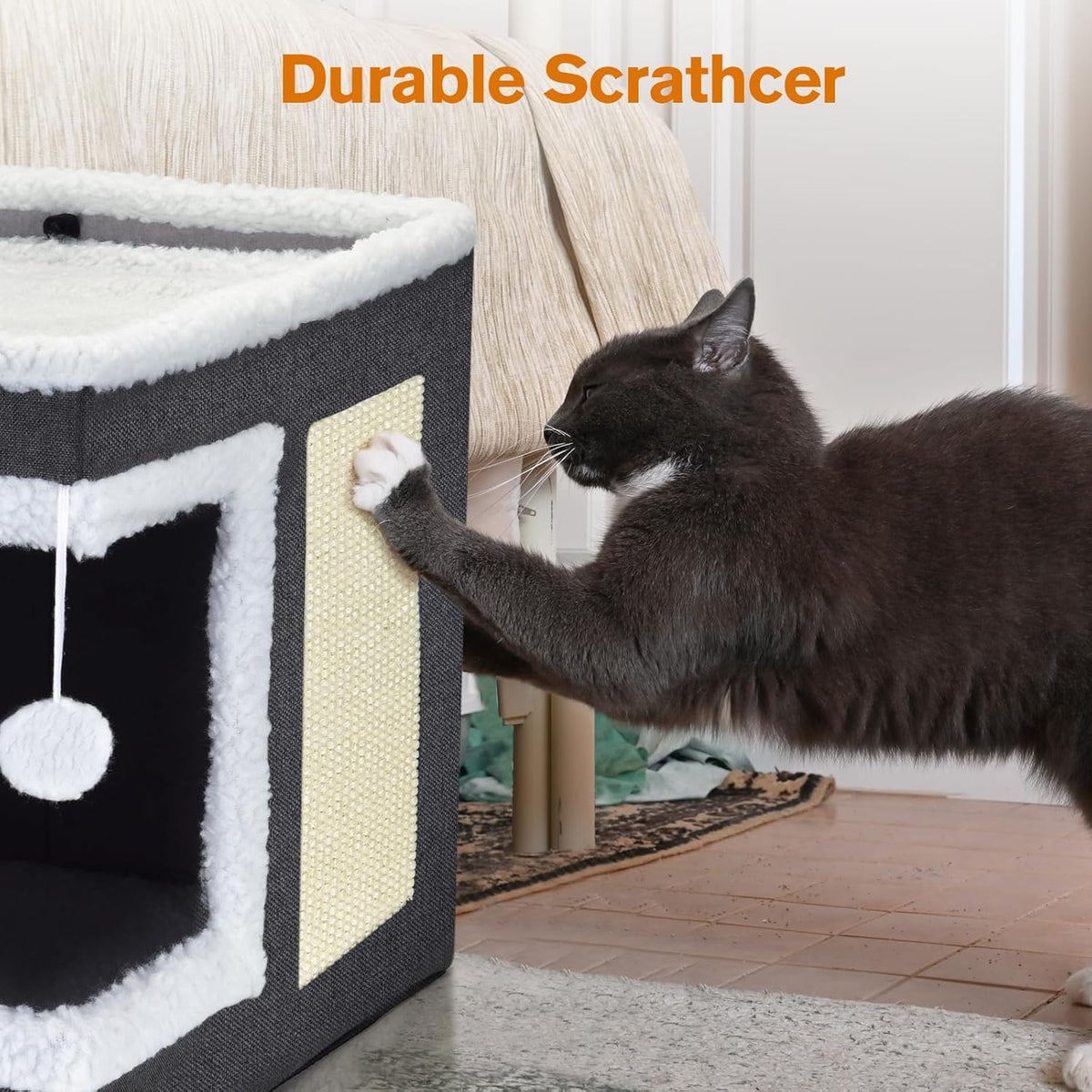 petizer Cat Bed for Indoor Cats, Large Covered Cat House with Scratch Pad, Foldable Cat Cave Bed &