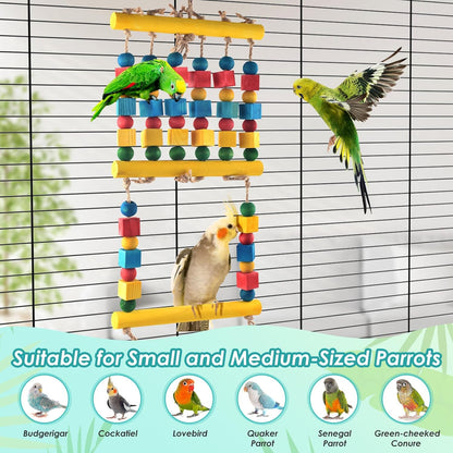 Bird Swing, Parrot Chew Toy with Wooden Perches Stand, Hanging Colorful Wood Block Bird Cage