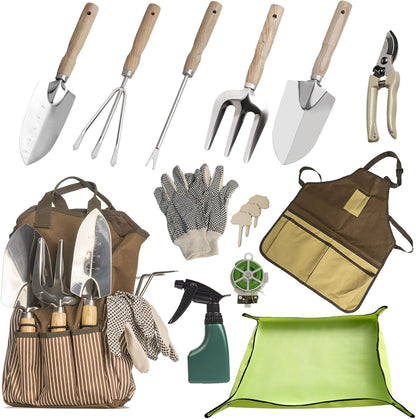 13-Piece Garden Tools Set with Tote Bag & Apron, Repotting Mat - Stainless Steel Heavy Duty