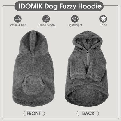 IDOMIK Fuzzy Dog Sweater with Adjustable Hood, Warm Fleece Dog Sweater Hoodie with Harness Hole &