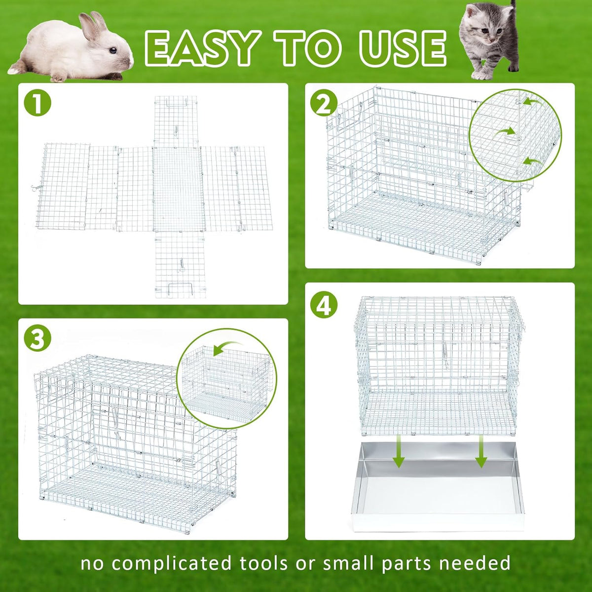 Folding Rabbit Cage, 18 x 10 x 14 in Portable Bunny Carrier with Tray and Handles for Transport