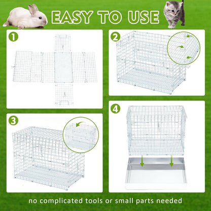 Folding Rabbit Cage, 18 x 10 x 14 in Portable Bunny Carrier with Tray and Handles for Transport