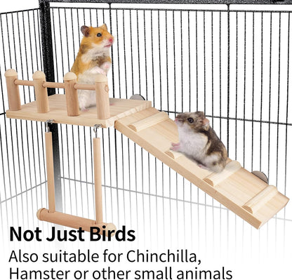 Bird Perches Platform Swing with Climbing Ladder, Parakeet Cage Accessories Wooden Playing Gyms