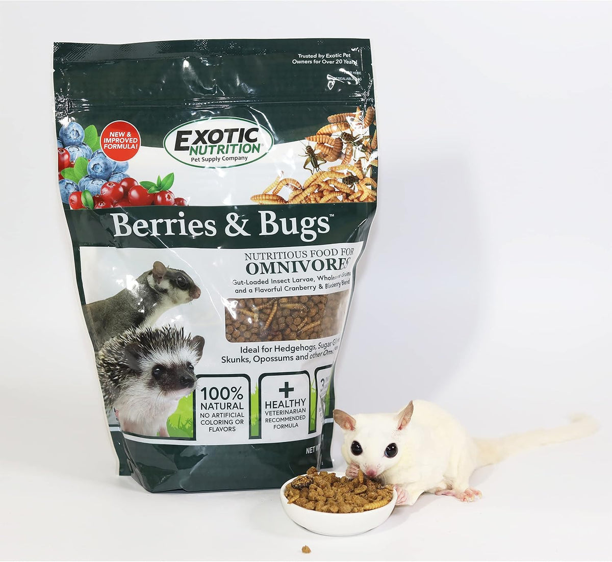 Berries & Bugs 1.5 lb - All Natural High Protein High Fiber Food for Hedgehogs, Skunks, Opossums