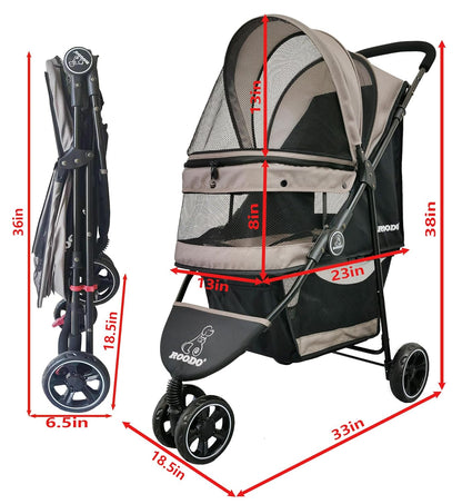 ROODO Escort 3 Wheel Dog Cat Pet Stroller for Small/Medium Dogs Cats Best Lightweight Foldable