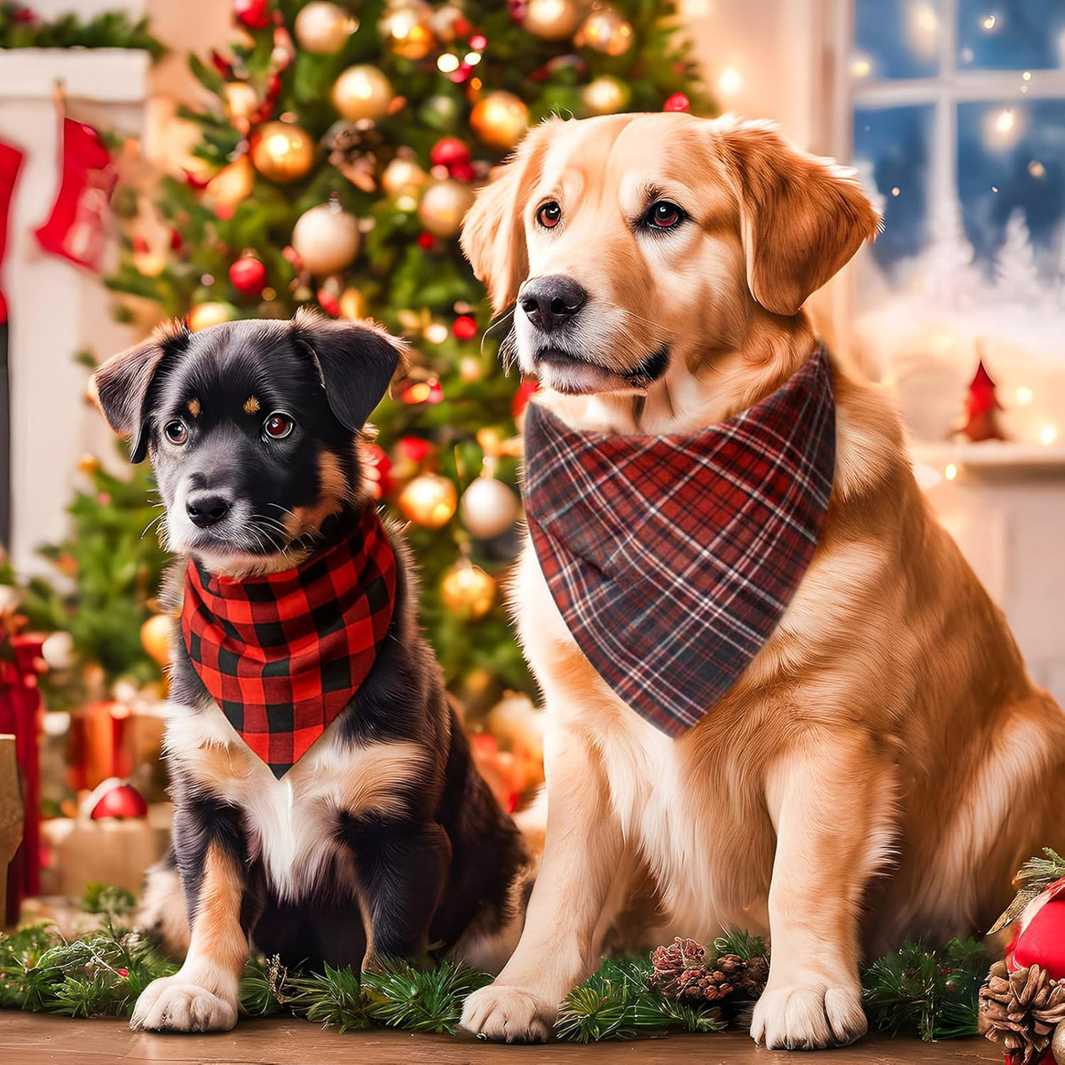 Weewooday 50 Pcs Christmas Dog Bandanas Bulk Xmas Red Buffalo Plaid Bandanas for Dogs Soft Bibs