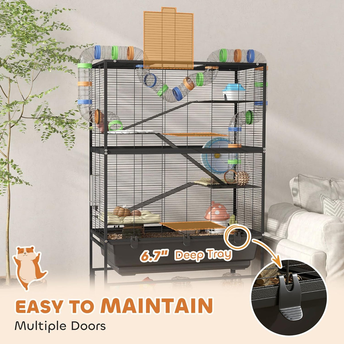 PawHut Hamster Cage with Deep Tray, 5 Tier Rolling Rat Cage with Storage Shelf, Big Exercise Wheel