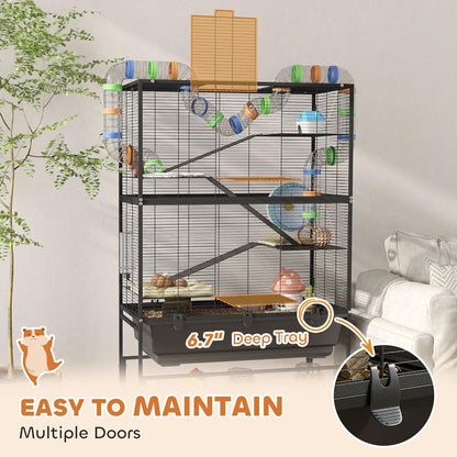PawHut Hamster Cage with Deep Tray, 5 Tier Rolling Rat Cage with Storage Shelf, Big Exercise Wheel