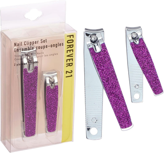Nail Clippers Set - 2pc Purple Glitter Nail Clipper Value Pack, Big & Small Precision Nail Clippers