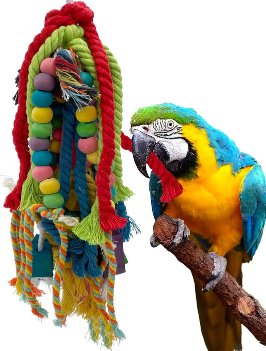 20.5 inch Parrot Chewing Toys - Wooden Block Tearing and Cotton Rope Toys for Medium Large Extra