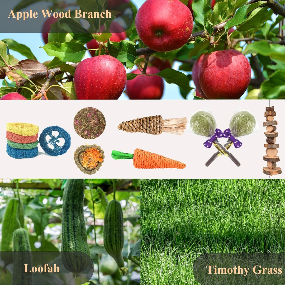 Grddaef 18 PCS Bunny Toys, Rabbit Toys Guinea Pig Toy Natural Apple Wood Grass Timothy Sticks Chew