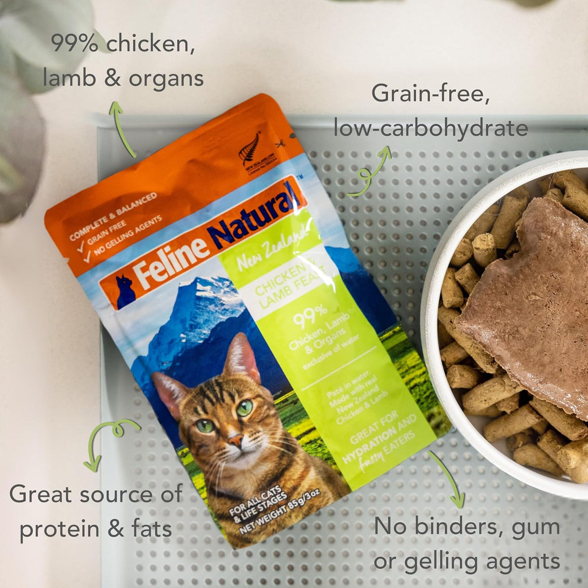 Feline Natural Wet Cat Food Pouch - Chicken & Lamb Feast, Grain-Free, Cage-Free & Grass-Fed, New