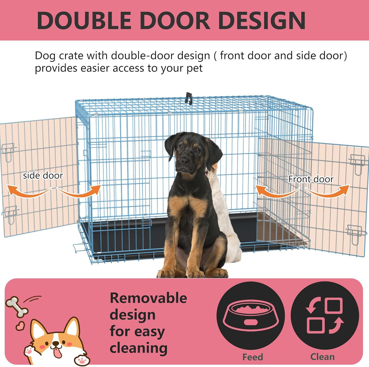 FDW Dog Crate for Large Dogs 48 Inch Folding Metal WirePet Cage Double Door W/Divider Panel Indoor