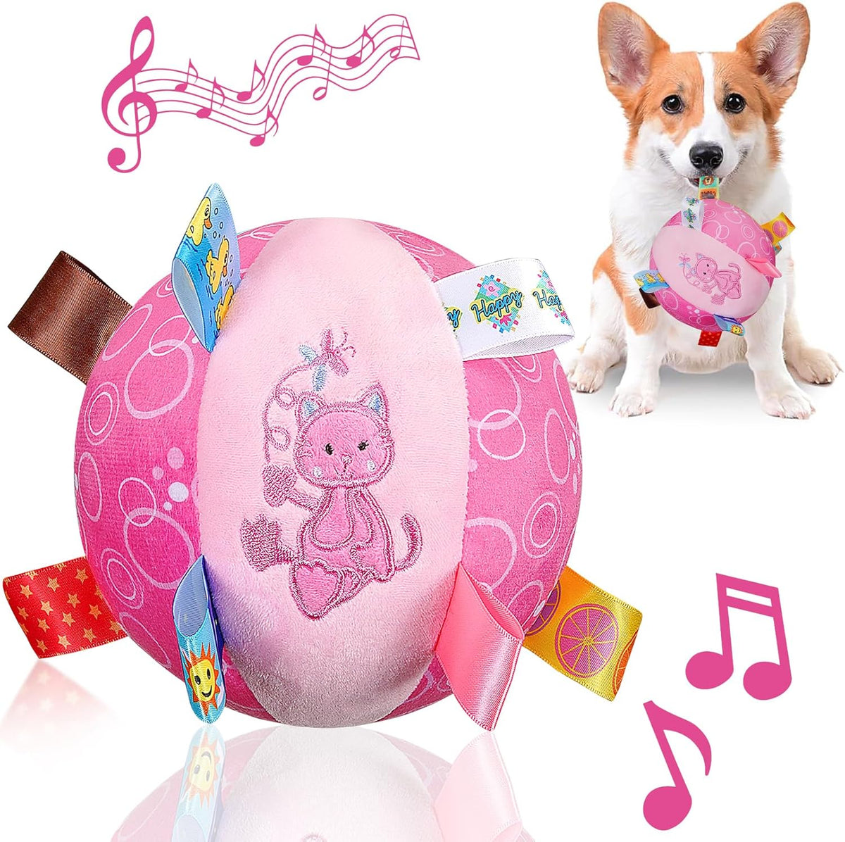 Dog Squeaky Plush Toy with Straps, 6-Inch Soft Stuffed Ball with Cotton Material and Bell Built-in