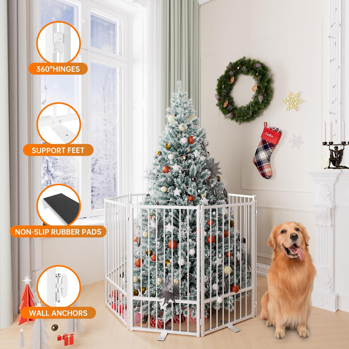 Full Metal Freestanding Dog Gate with Door, 36''Height Foldable Pet Dog Fence for Indoor & Outdoor