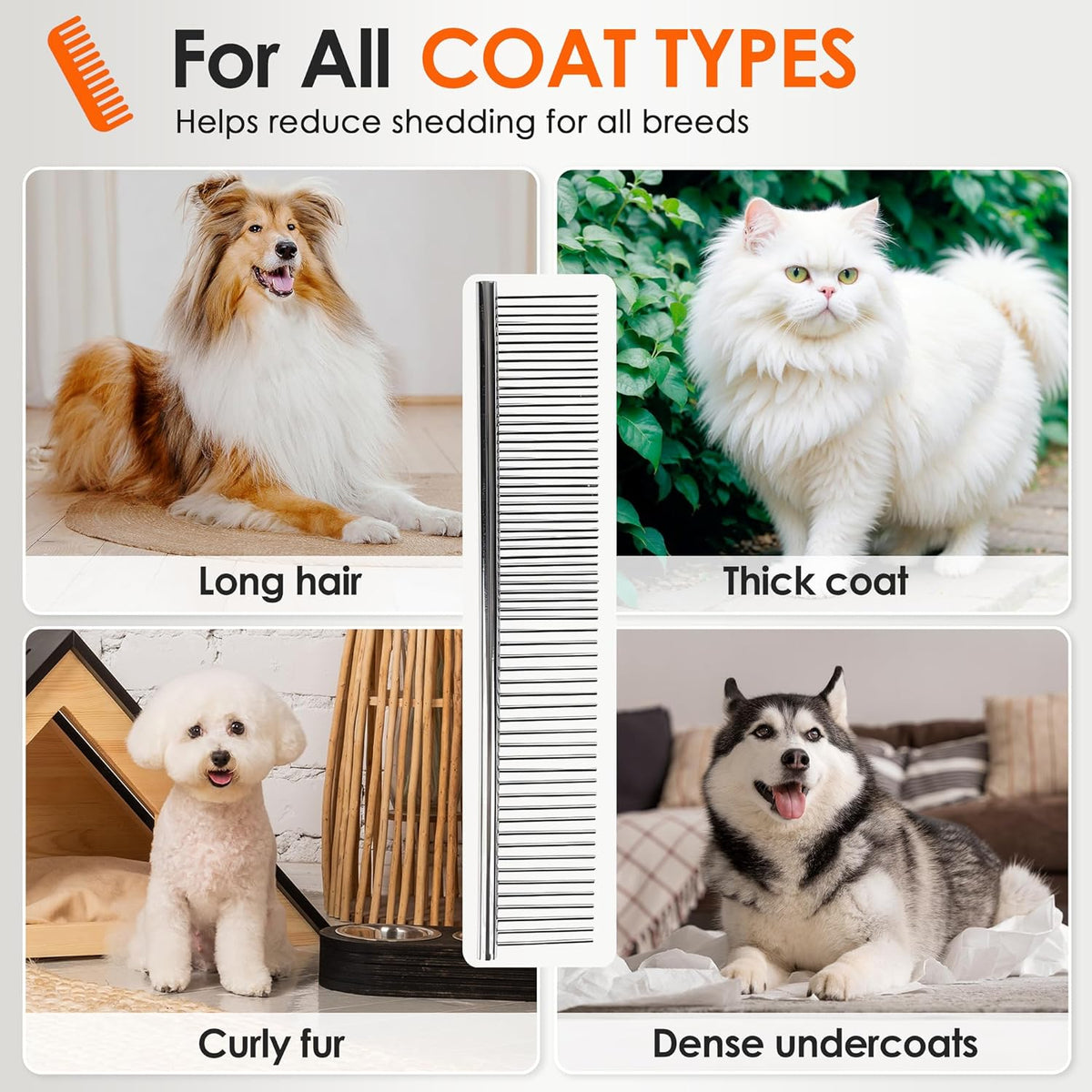 Dog Comb to Remove Tangles and Knots, Cat Comb with Stainless Steel Teeth and Non-Slip Handle, Dog