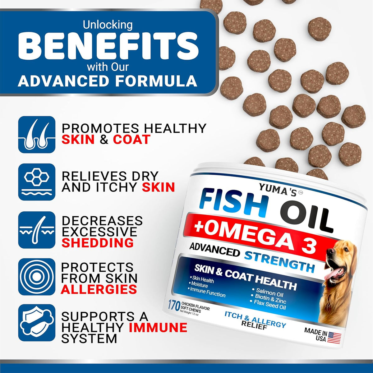 Omega 3 Fish Oil for Dogs - 170 Chews - Skin and Coat Supplement - Omega 3 for Dogs - Dry & Itchy