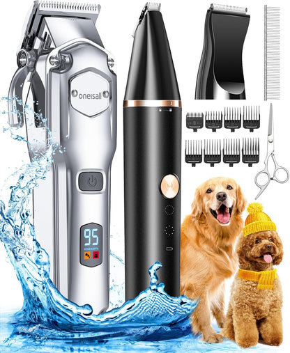 oneisall Dog Grooming Kit for Heavy Thick Hair&Coats/Low Noise Rechargeable Cordless Waterproof Dog