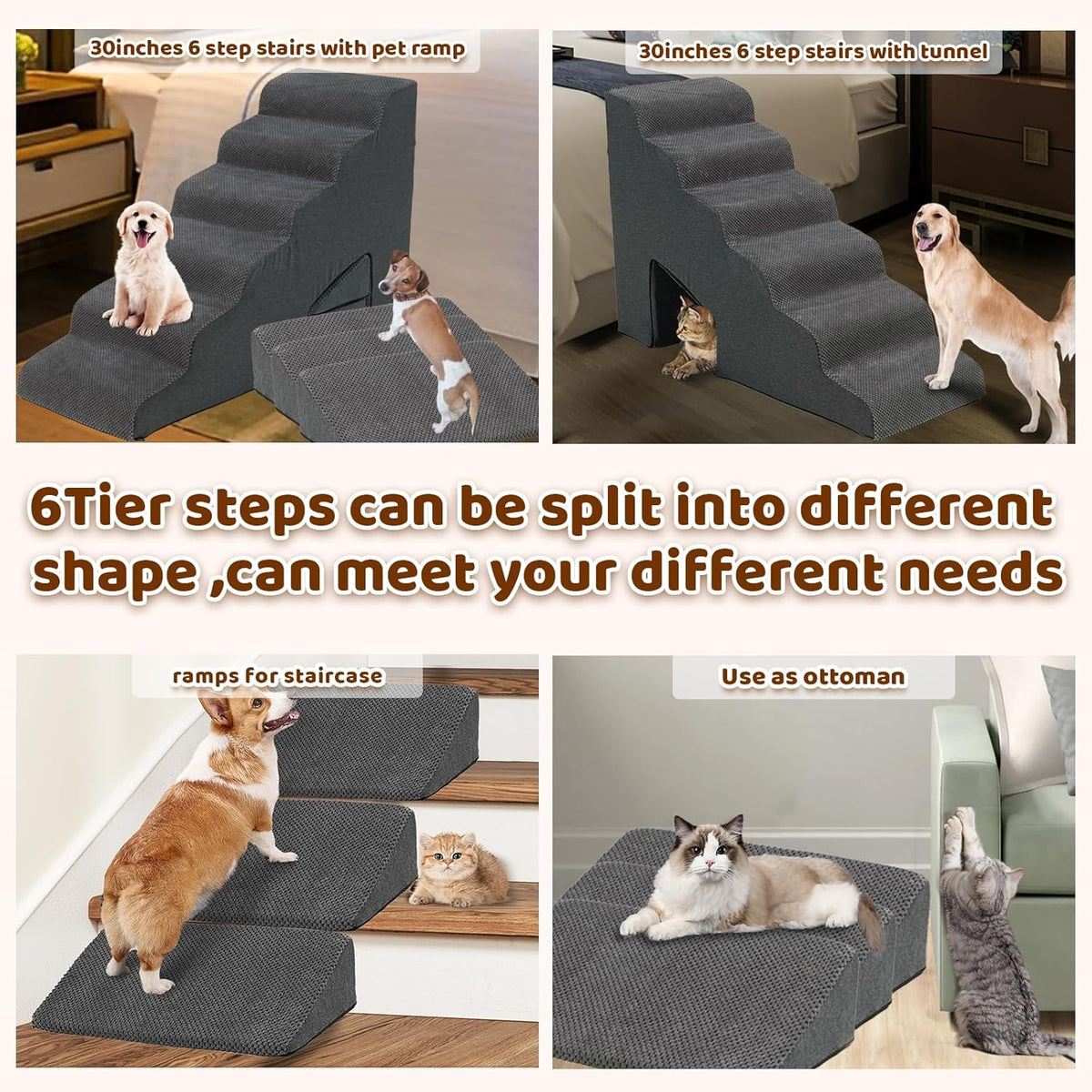 Dog Stairs & Steps Ramps for High Beds 30 inches High Tall, LitaiL 6 Step Pet Stairs Steps for