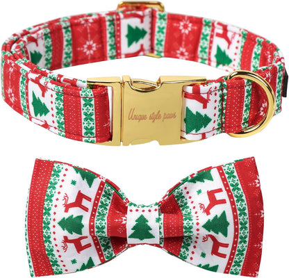 Unique Style Paws Christmas Day Dog Collar with Bow Christmas Tree Cotton Puppy Collars for Small