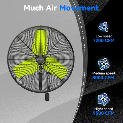 Pro 9500 CFM 24" Outdoor IP44 Waterproof Wall Mount Fan, 3-Speed Oscillating Metal Fans with