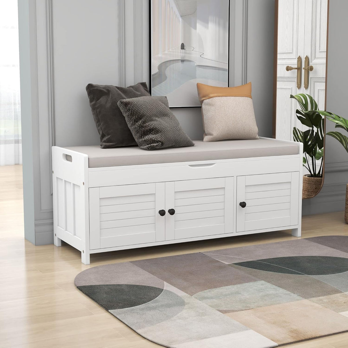 Storage Bench with 3 Shutter-Shaped Doors, Pine Wood Shoe Bench with Removable Cushion and Hidden