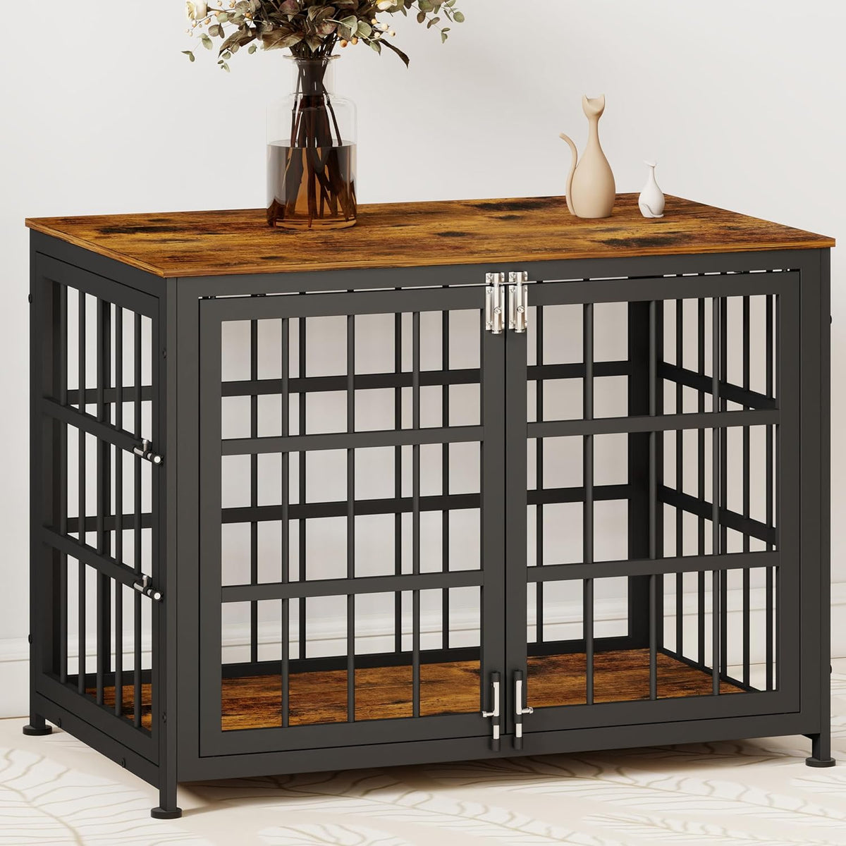32 Inch Heavy Duty Wooden Dog Kennel End Table with Double Door Design and Secure Locks, Indoor Pet