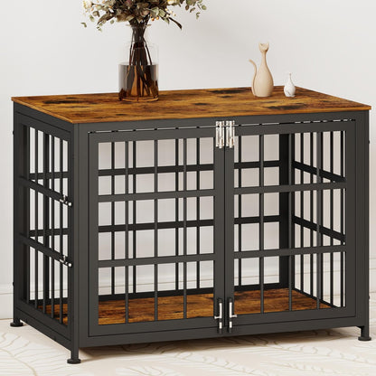 32 Inch Heavy Duty Wooden Dog Kennel End Table with Double Door Design and Secure Locks, Indoor Pet