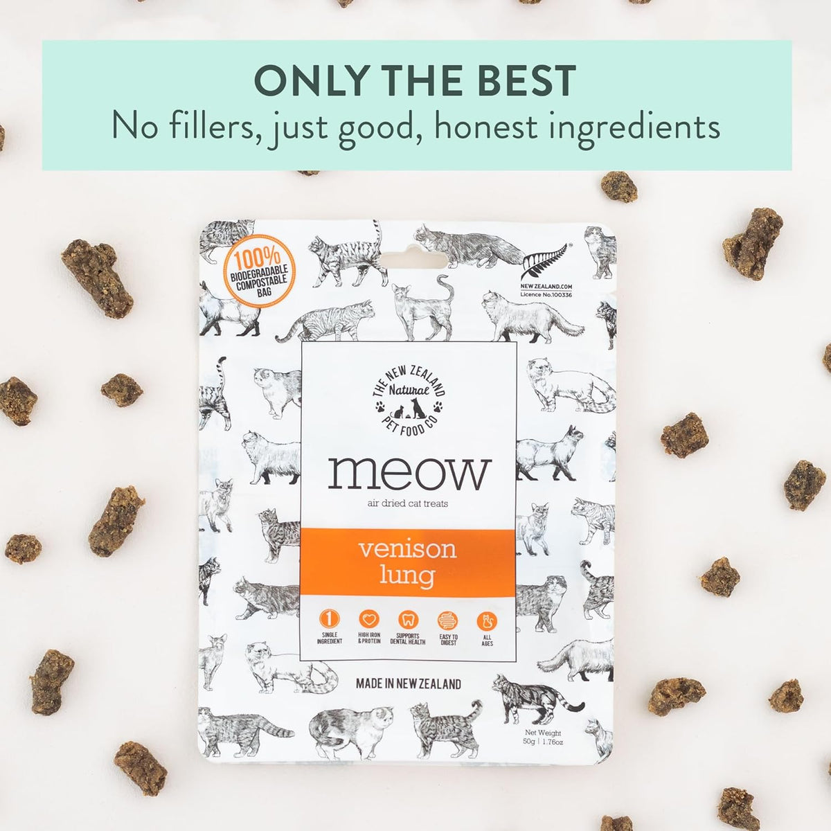 Meow Air Dried Cat Treats - Venison Lung, High Protein, Healthy Cat Snacks and Toppers, All Natural