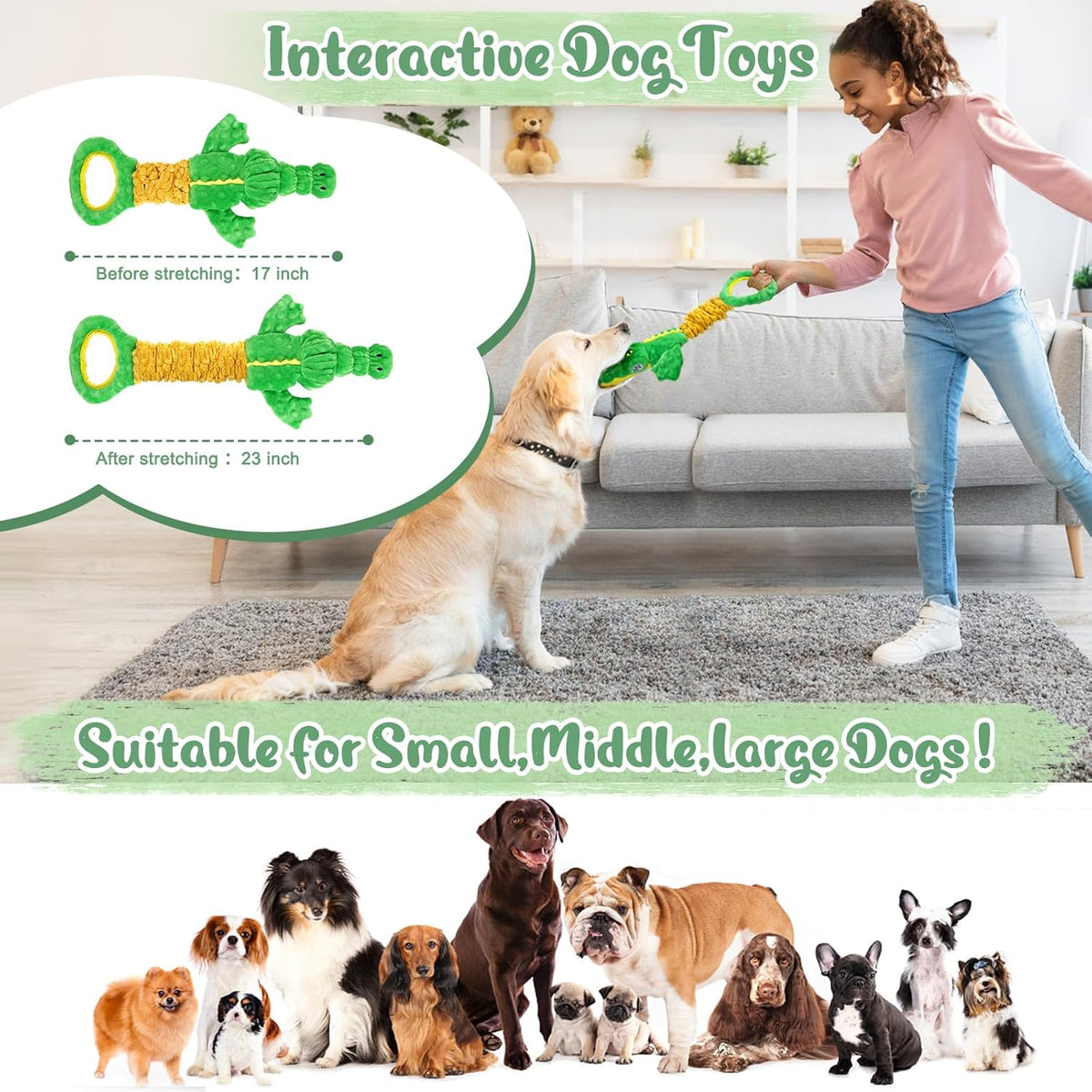 Large Dog Toys, Plush Squeaky Dog Toy with Crinkle Paper and Tug of War Handle, Interactive Puppy