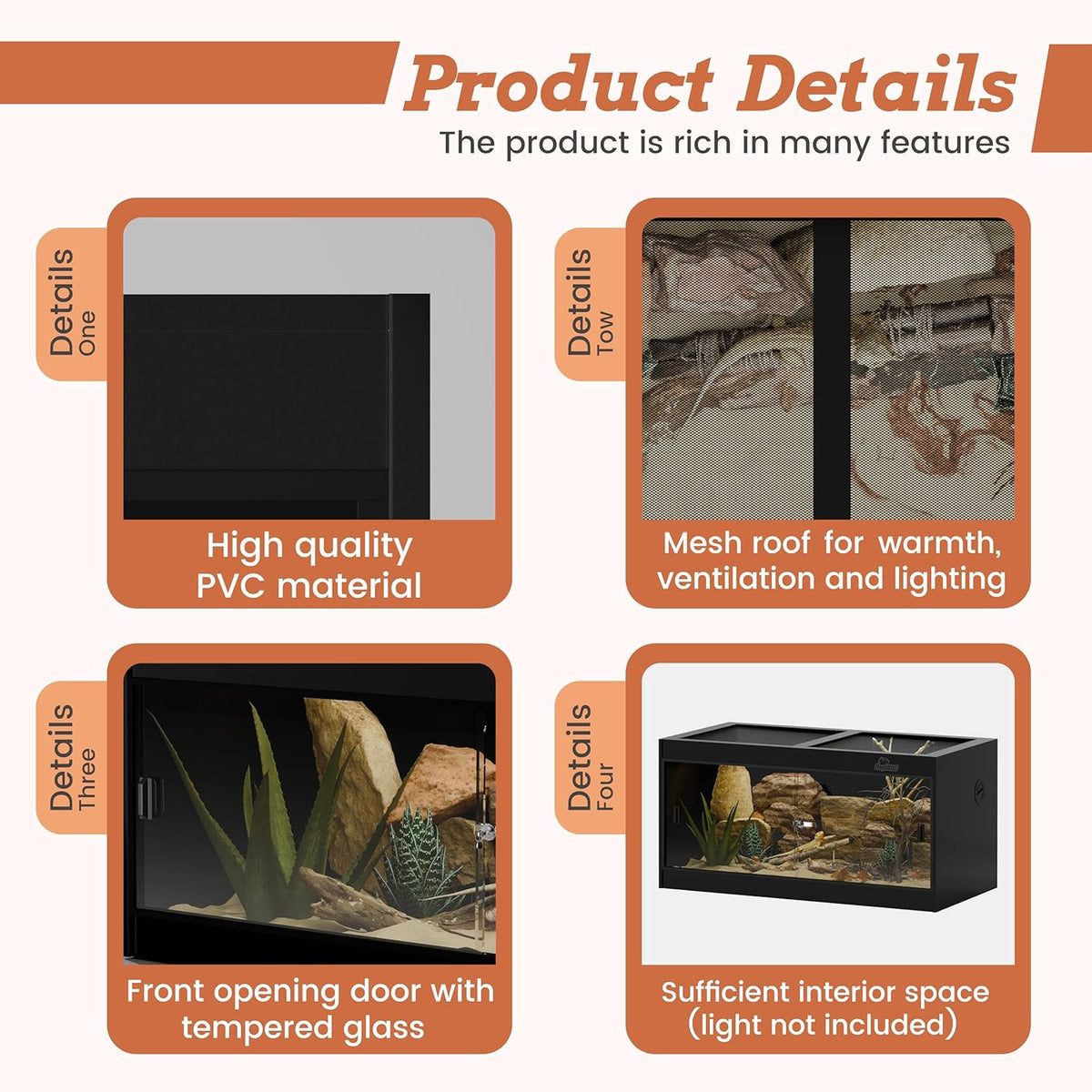 4x2x2 (120 Gallon) PVC Reptile Enclosure, RepWild Terrarium/Tank with Heavy-Duty Screen Top, Glass
