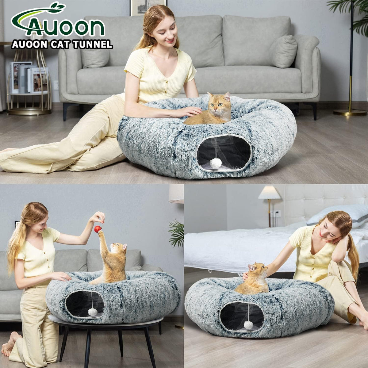 AUOON Cat Tunnel Bed - Cat Donut Tunnel with Soft Plush Circle Cushion for Indoor Cats Kitten Kitty