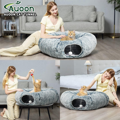 AUOON Cat Tunnel Bed - Cat Donut Tunnel with Soft Plush Circle Cushion for Indoor Cats Kitten Kitty